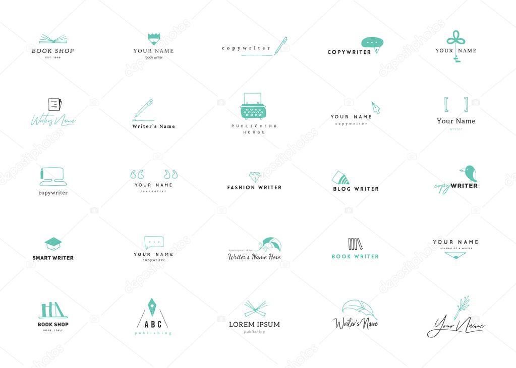 Publishing, writing, and copywrite theme. Vector hand drawn set of logo templates. For business identity and branding, for writers, copywriters and publishers, for poets, journalists and bloggers.