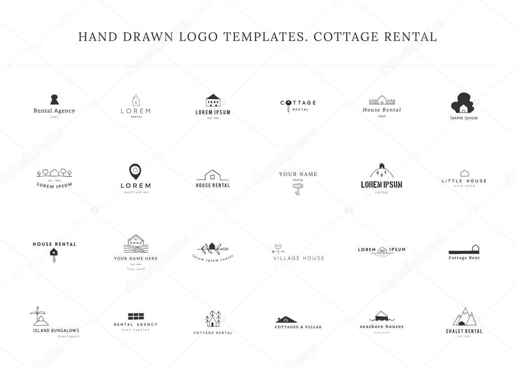 Set of hand drawn vector logo templates. House rental theme. For business identity and branding, for real estate agents and cottages owners.