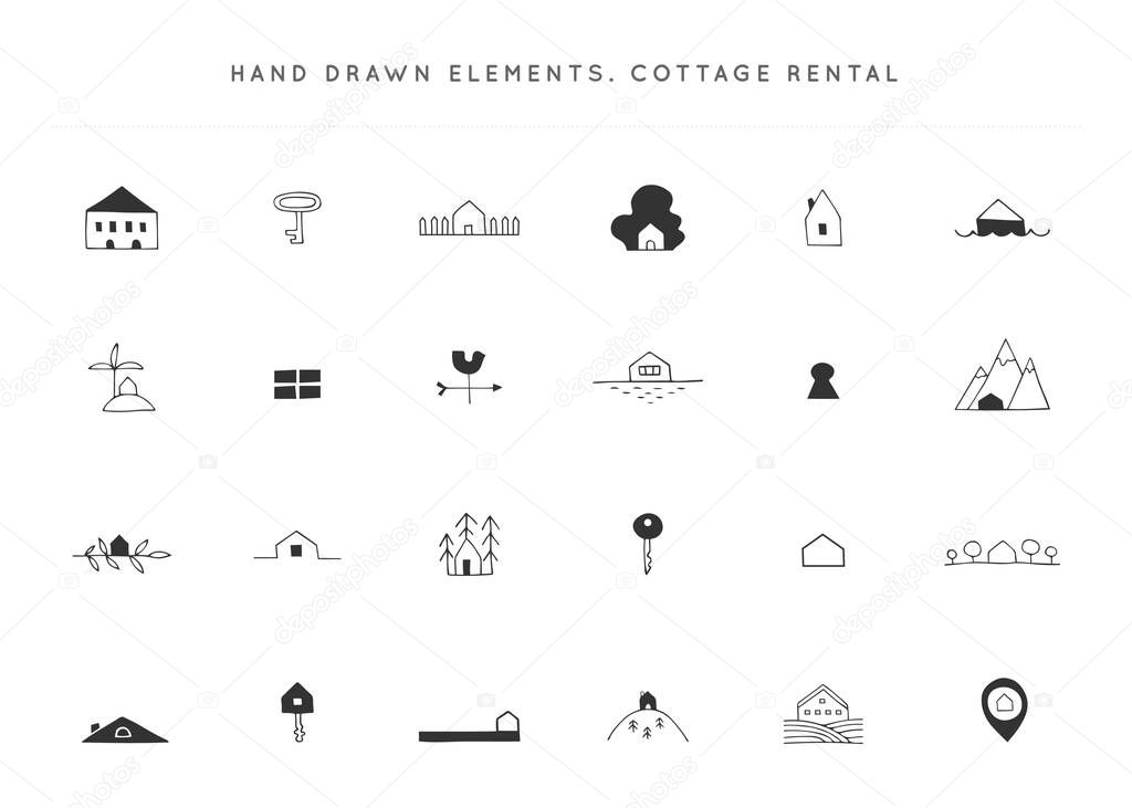 Set of vector hand drawn icons. Property rental theme. For business branding and identity, for real estate agents and house owners.