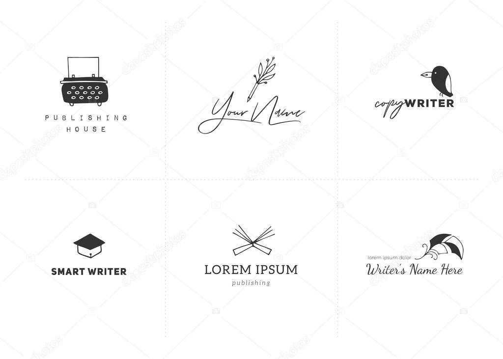 Set of vector hand drawn logo templates. Writing, publishing and copywrite theme. For business identity and branding, for writers, copywriters and publishers, for poets, journalist and bloggers.