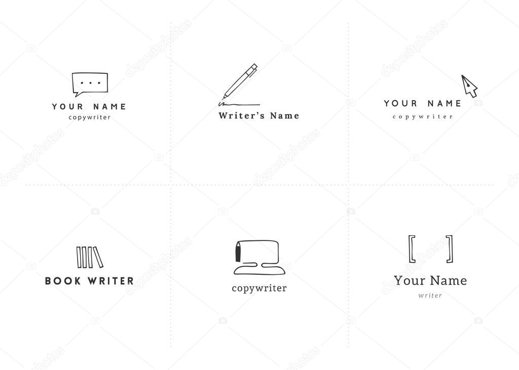 Vector set of hand drawn logo templates. Writing, copywrite and publishing theme. For business identity and branding, for writers, copywriters and publishers, for poets, journalist and bloggers.