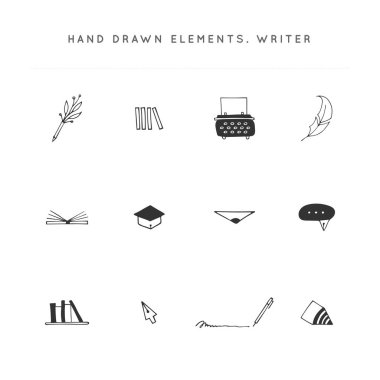 Yazma, kopyalama ve yayımlama teması. Vektör el çizilmiş simgeler kümesi.
