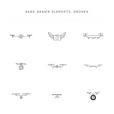 Vektör simgeleri kümesi. Elle çizilmiş kamera drone'ları. Hava fotoğrafçılığı.