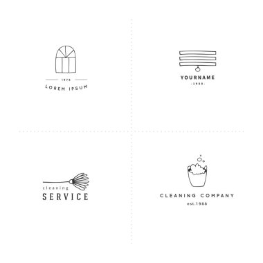 Elle çizilmiş logo şablonları. Temizlik ve ev onarımları. Vektör çizimi.