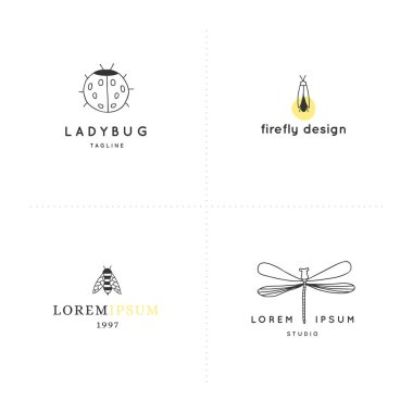 Basit böcek grafikli vektör el çizilmiş logo şablonları kümesi.