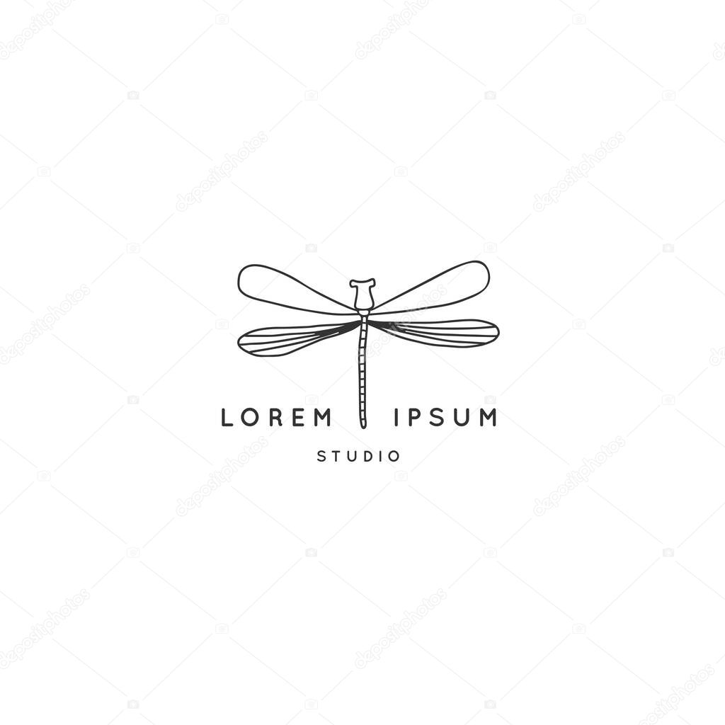Vector insect graphics, a dragonfly, flier. Minimal hand drawn logo template design.