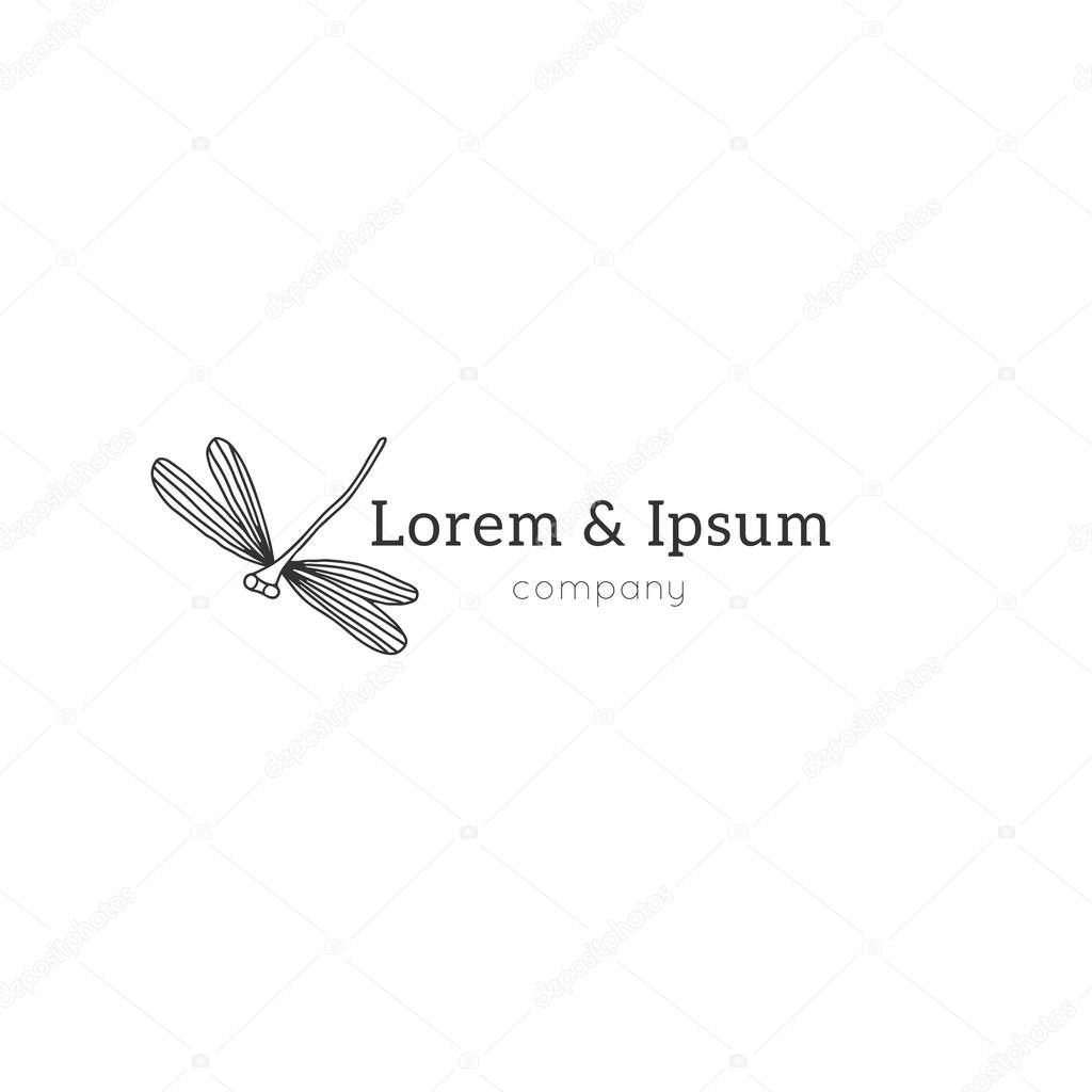 Vector hand drawn logo template. Minimal insect graphics, a dragonfly, flier. Wild nature. Graphics for branding and business identity.
