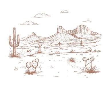 Kaktüsleri ve batı tarzı dağları barındıran çöl çayır manzarası. Kovboy rodeosu ve Vahşi Batı ilhamı. Baskılar, renklendirme sayfaları veya arkaplanlar için mürekkeple çizilmiş vintage resimleme.