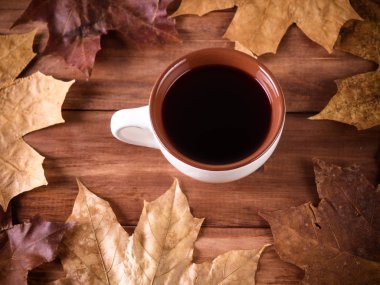 Sonbahar çevrili çay sonbahar konsepti bırakır. Üstten Görünüm