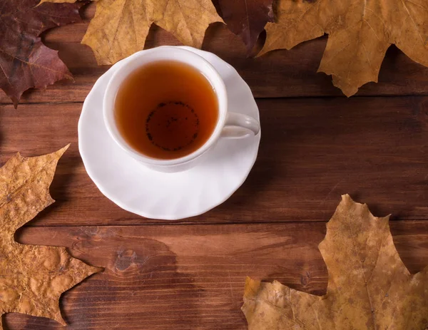 Cup Tea Maple Leaves Background Wooden Table — Stock Photo, Image