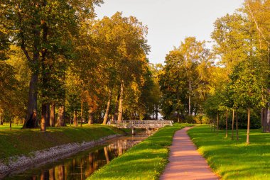 Sonbahar parkında güneşli sokak ve nehir