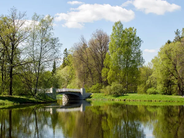 Кам'яний міст з тонкими перилами через річку — стокове фото