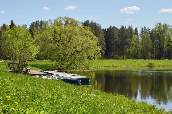 Lake and marina with rowing pleasure boats — Stock Photo, Image