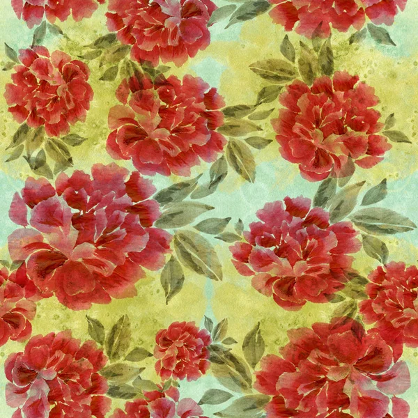 Peonía Acuarela Fondo Sin Costuras Rama Con Flores Brotes Collage — Foto de Stock