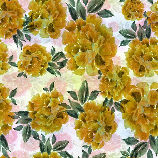 Peonía Acuarela Fondo Sin Costuras Rama Con Flores Brotes Collage — Foto de Stock