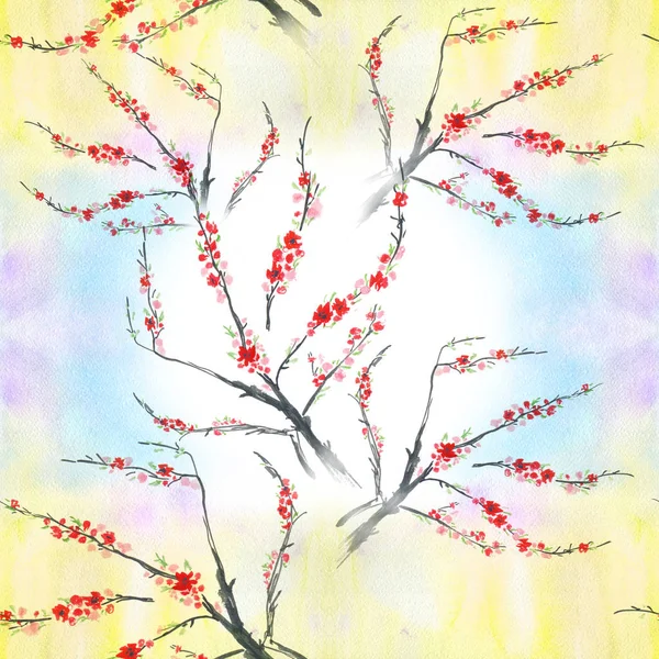 Blommande Gren Ett Träd Akvarell Bakgrund Använd Trycksaker Skyltar Objekt — Stockfoto