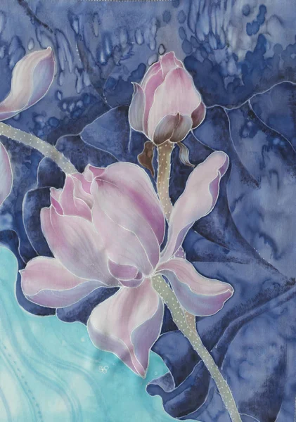 Les Lotus Batik Composition Décorative Fleurs Feuilles Bourgeons Utiliser Matériel — Photo