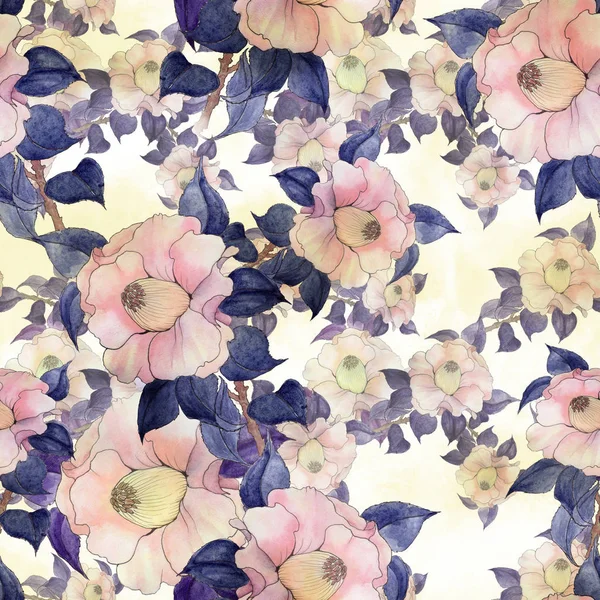 Kamelya Çiçek Beyaz Zemin Üzerinde Seamless Modeli Basılı Malzemeler Işaretler — Stok fotoğraf