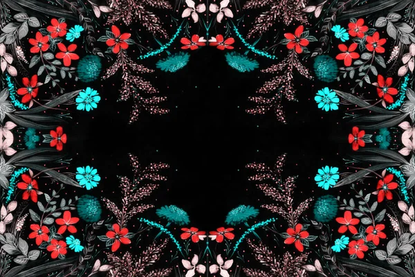 野の花とハーブ シルク装飾的組成物 バティック 黒の背景に対称的な装飾的な構成 花の飾り 印刷物 Web サイト マップ ポスター — ストック写真