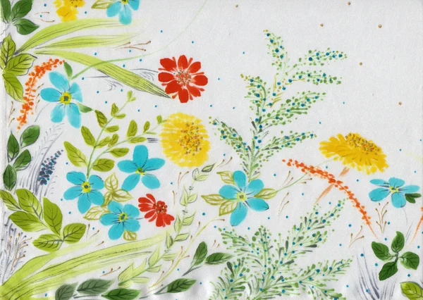 Las Flores Campo Las Hierbas Composición Decorativa Sobre Seda Batik — Foto de Stock