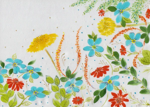 Las Flores Campo Las Hierbas Composición Decorativa Sobre Seda Batik — Foto de Stock