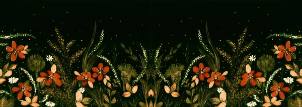 Field flowers and herbs - a decorative composition on silk. Batik. Symmetrical decorative composition on a black background. Floral ornament.Use printed materials, signs, items, websites, maps, posters, postcards, packaging.