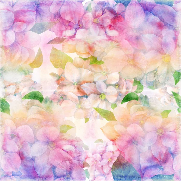 Flowers and leaves of hydrangeas - drawing by watercolor. Seamless pattern. Use printed materials, signs, items, websites, maps, posters, postcards, packaging.