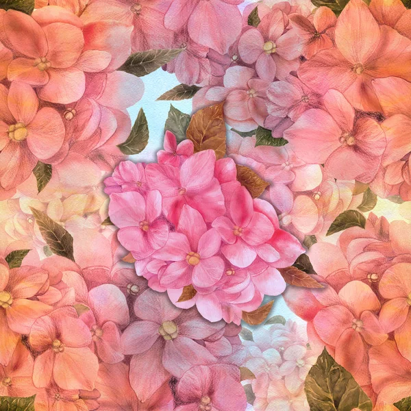 Blommor Och Blad Hortensior Ritning Akvarell Seamless Mönster Använda Trycksaker — Stockfoto