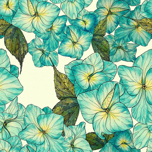 Flores Folhas Hortênsias Desenho Por Aquarela Padrão Sem Costura Use — Fotografia de Stock