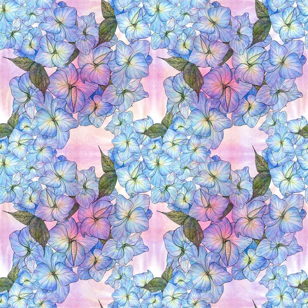 Kwiaty Liście Hortensji Rysunek Przez Akwarela Jednolity Wzór Użyj Materiałów — Zdjęcie stockowe