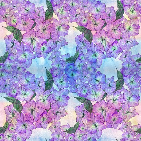 Fleurs Feuilles Hortensias Dessin Aquarelle Modèle Sans Couture Utiliser Matériel — Photo
