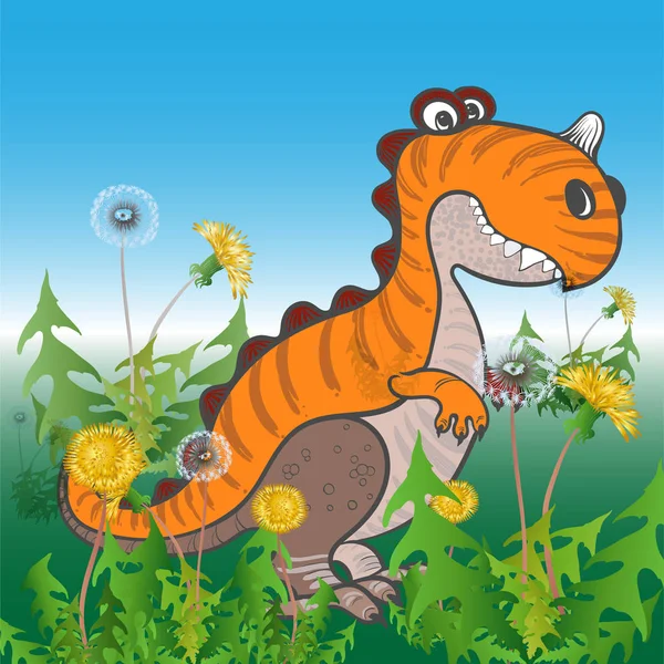 Dinosauri Denti Leone Personaggio Dei Cartoni Animati Immagini Sfondo Vettoriale — Vettoriale Stock