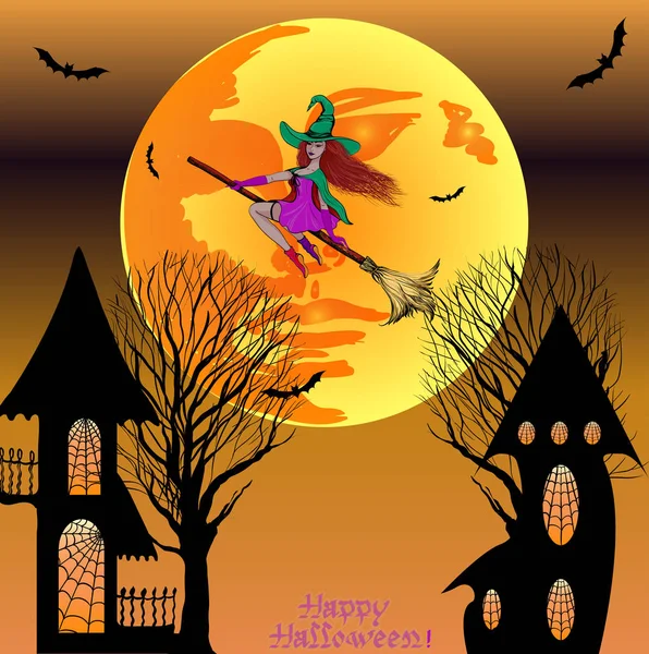 Boszorkány Repül Kék Kalap Esőkabát Egy Seprűt Téma Nyaralás Halloween — Stock Vector