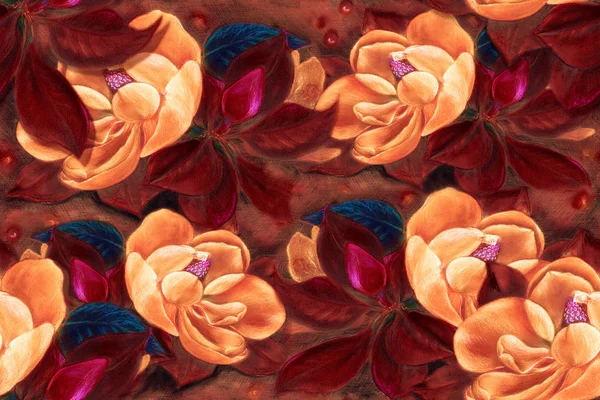 Безшовні Візерунки Магнолія Малюнок Пастелі Квіти Дереві Шпалери Тюльпанове Дерево — стокове фото