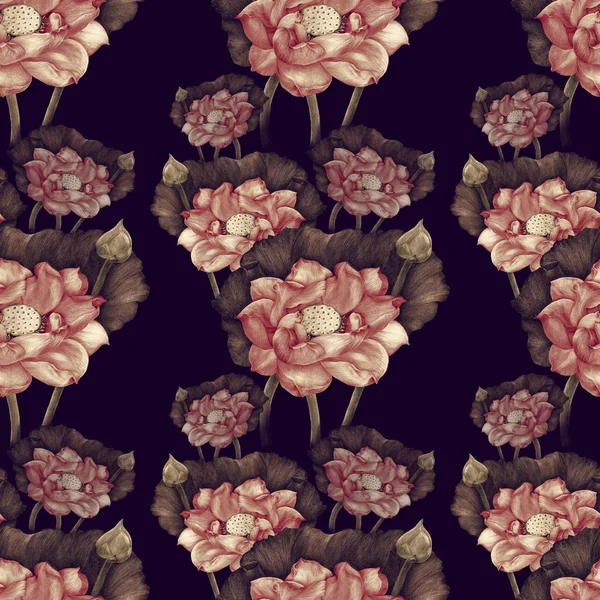 莲花和芽在一个黑暗的背景 无缝的模式 香料和美容植物 装饰成分 使用印刷材料 明信片 无缝模式 — 图库照片