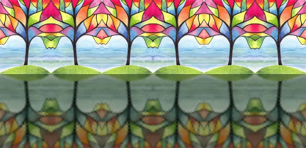 Stylizacja Drzewa Wzór Watercolor Seamless Użyj Materiałów Drukowanych Znaków Obiektów — Zdjęcie stockowe