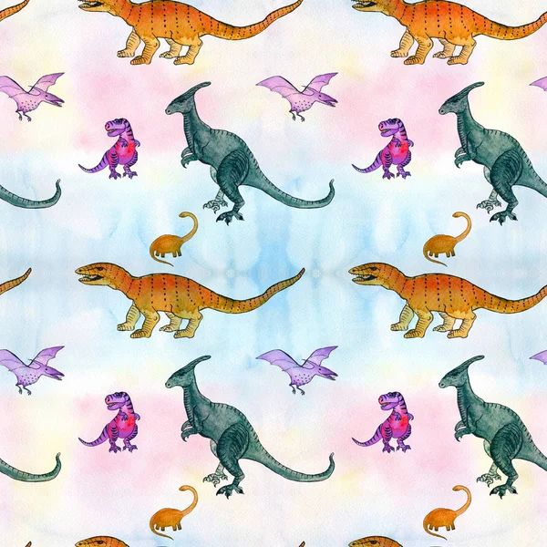 Dinosaurs, cartoon character. Illustration for children. Use printed materials, signs, items, websites, maps, posters, postcards, Drawing watercolor.Seamless pattern.