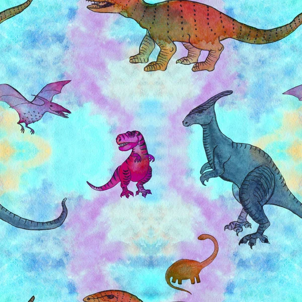 Dinosaurs, cartoon character. Illustration for children. Use printed materials, signs, items, websites, maps, posters, postcards, Drawing watercolor.Seamless pattern.
