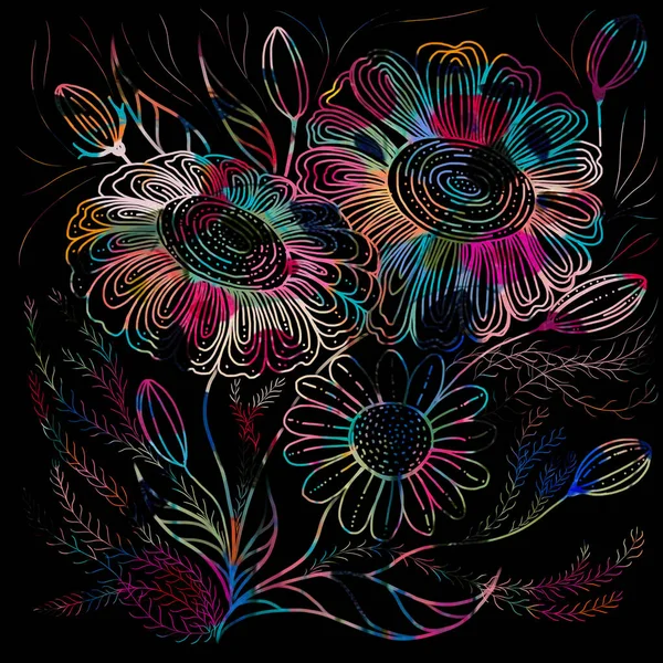 Buquê Flores Composição Decorativa Técnica Grettage Uma Colagem Flores Folhas — Fotografia de Stock