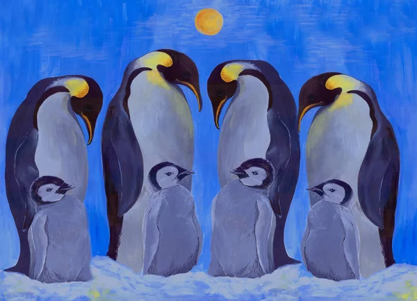 A group of penguins on the background of snow and winter sun. Use printed materials, signs, objects, websites, maps, posters, postcards, packaging. Emperor penguins - adults and chicks. Gouache drawing.