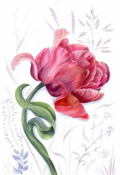 Tulips - flowers and leaves. Spring flowers.  Background image. Watercolor. Collage of flowers, leaves and buds on a watercolor background.