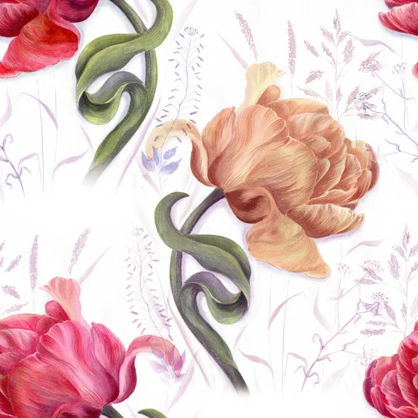 Tulips - flowers and leaves. Spring flowers. Seamless pattern. Background image. Watercolor. Collage of flowers, leaves and buds on a watercolor background.
