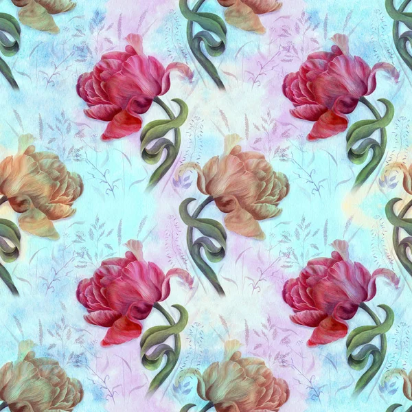 Tulipány Květy Listy Jarní Květiny Vzor Bezešvé Obrázek Pozadí Akvarelem — Stock fotografie