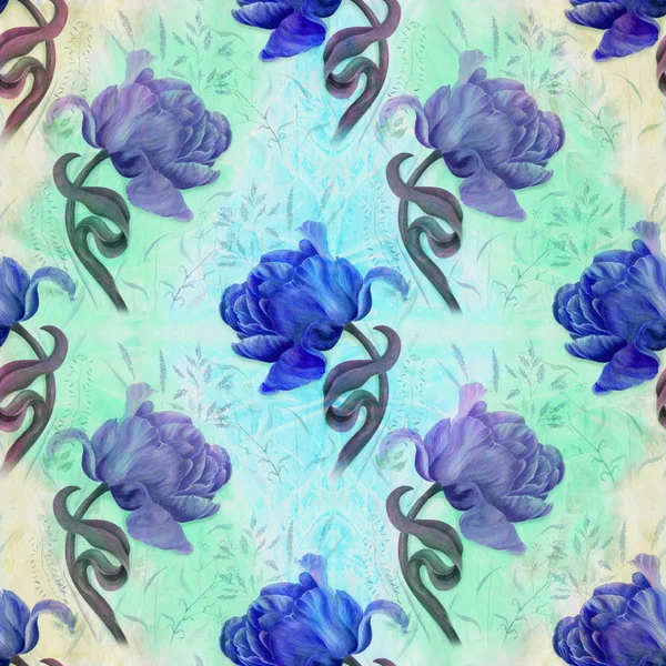 Tulpen Blüten Und Blätter Frühlingsblumen Nahtloses Muster Hintergrundbild Aquarell Collage — Stockfoto