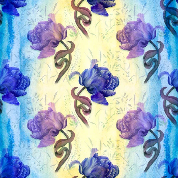 郁金香 花和叶 春天的花朵 无缝模式 背景图像 水彩画背景上的花 叶和芽拼贴 — 图库照片