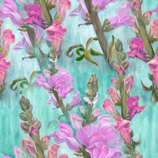 Watercolor. A branch with flowers and buds, lion\'s mouth. Garden flowers. Medicinal, perfume and cosmetic plants.  Seamless pattern. Use printed materials, signs, posters, postcards, packaging.