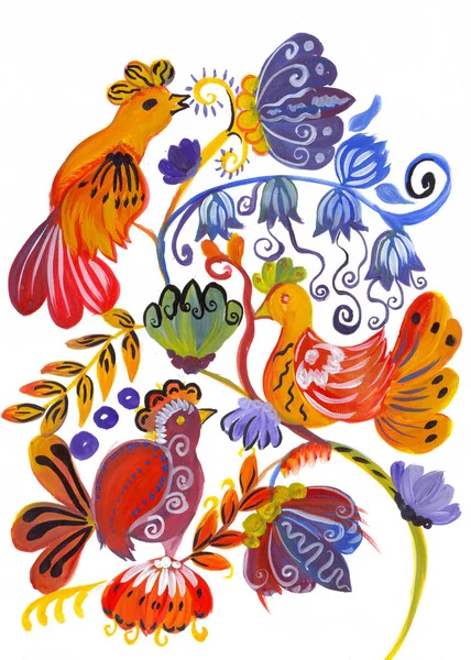 Oekraïense Etnische Schilderij Vogels Takken Met Bloemen Schilderij Van Petrikovskaya — Stockfoto