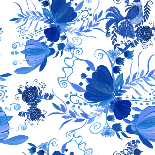 Ukraińskie Etniczne Malarstwo Malarstwo Petrikovskaya Kompozycja Kwiat Stylizowane Kwiaty Bezszwowe — Zdjęcie stockowe