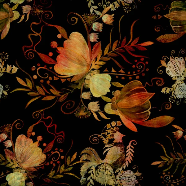 乌克兰民族绘画 佩特里科夫斯卡亚绘画 花卉构图 花色风格 无缝的背景 使用印刷材料 明信片 — 图库照片