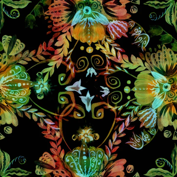 Ukraińskie Etniczne Malarstwo Malarstwo Petrikovskaya Kompozycja Kwiat Stylizowane Kwiaty Bezszwowe — Zdjęcie stockowe